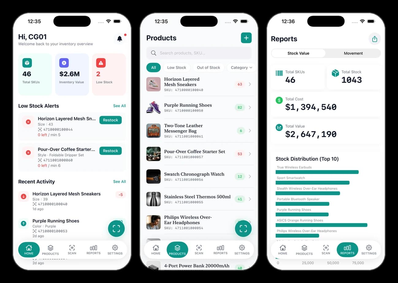 Inventory 01 app screens — Home, Products, and Reports